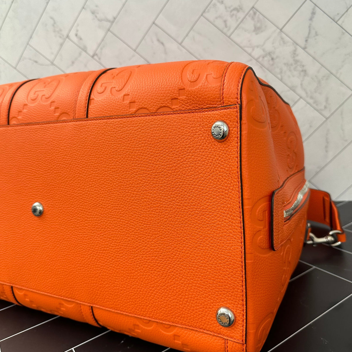 BRAND NEW Gucci Orange Jumbo GG Embossed Leather Duffle Bag Bandouliere