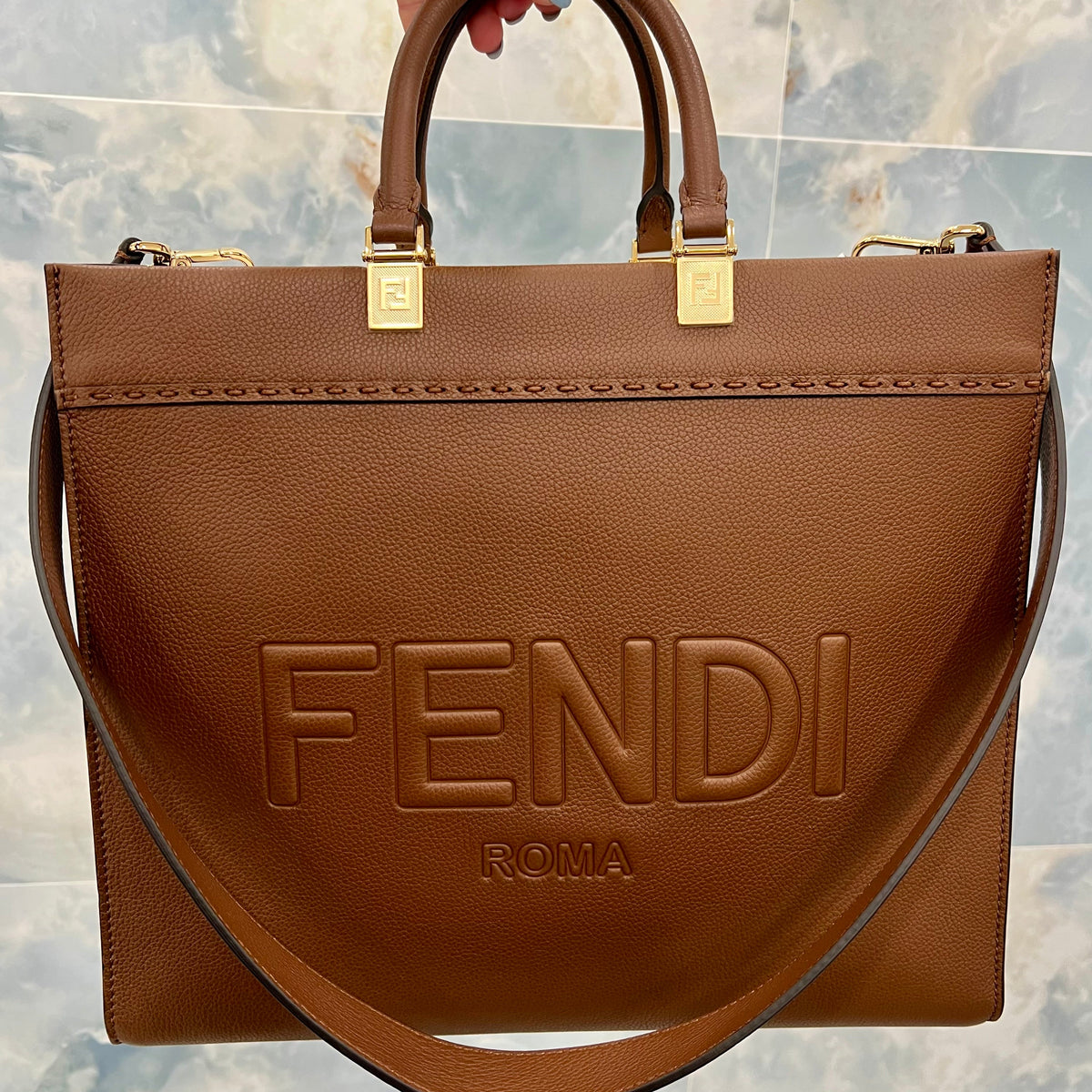 FENDI SUNSHINE CALFSKIN LEATHER MEDIUM SHOPPER TOTE BAG