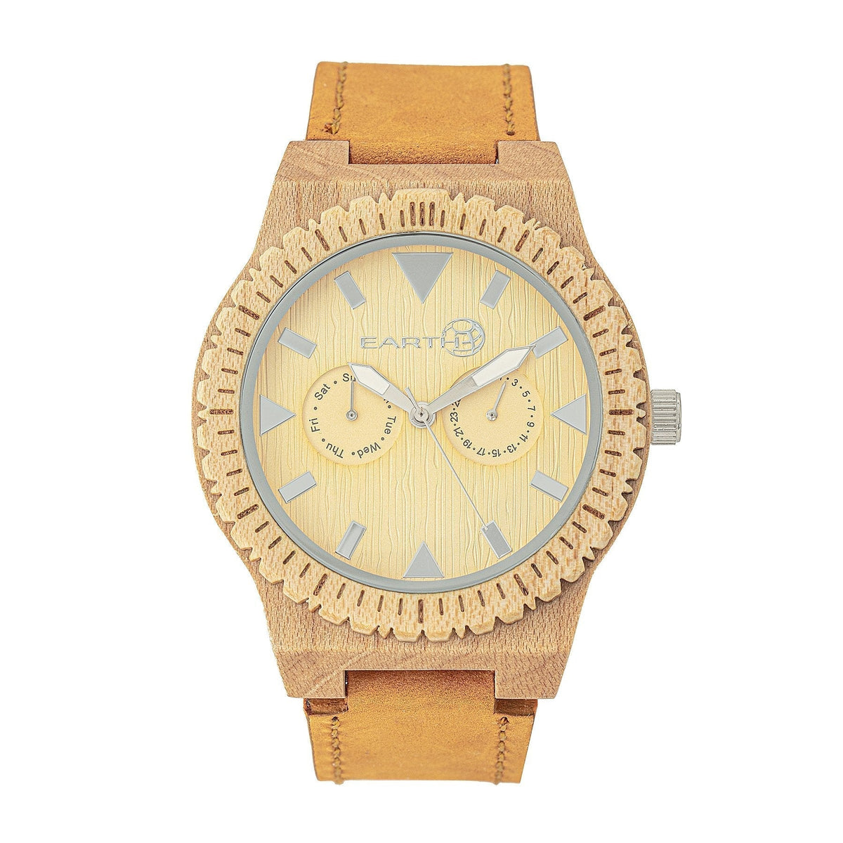 Earth Wood Hyperion Leather-Band Watch w/Day/Date
