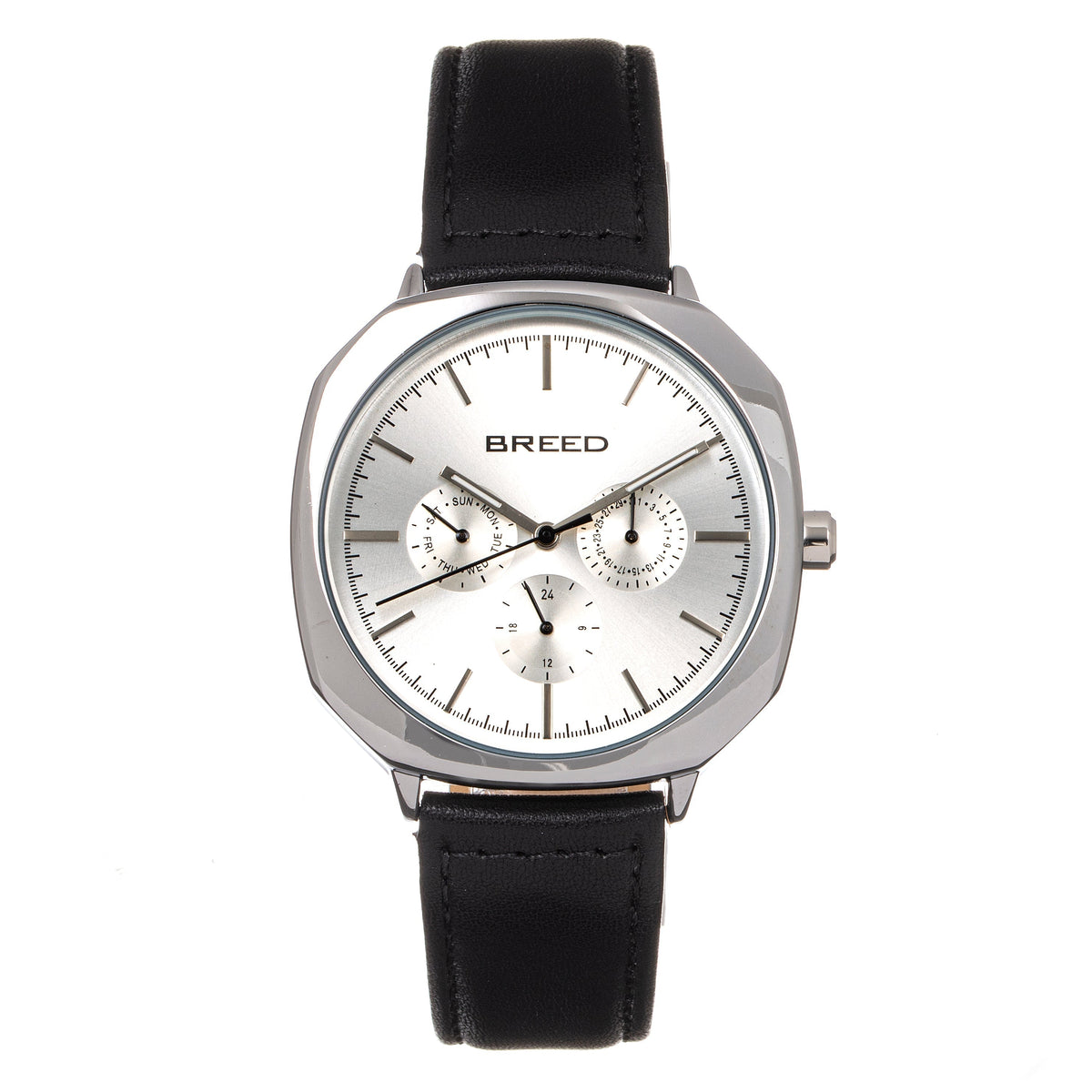 Breed Revolver Leather-Band Watch w/Day/Date - Black/Silver