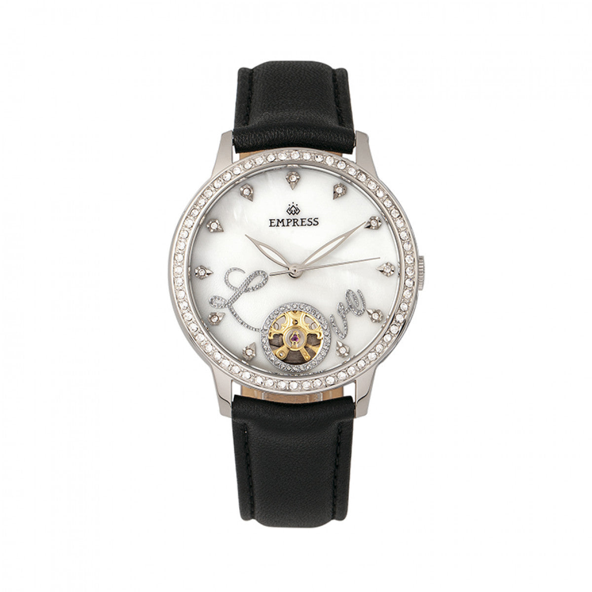 Empress Quinn Automatic MOP Semi-Skeleton Dial Leather-Band Watch - Black