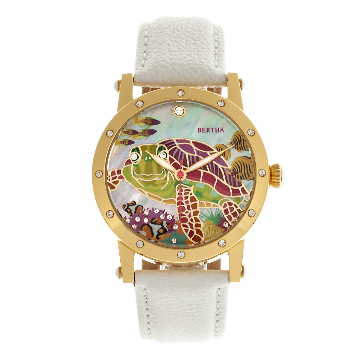 Bertha Chelsea MOP Leather-Band Ladies Watch - Gold/White