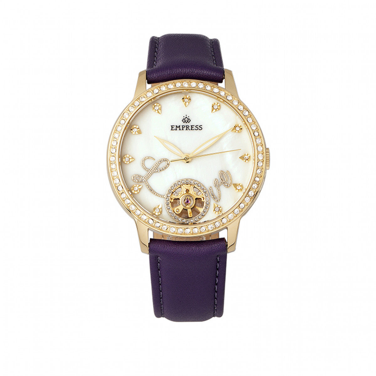 Empress Quinn Automatic MOP Semi-Skeleton Dial Leather-Band Watch - Purple