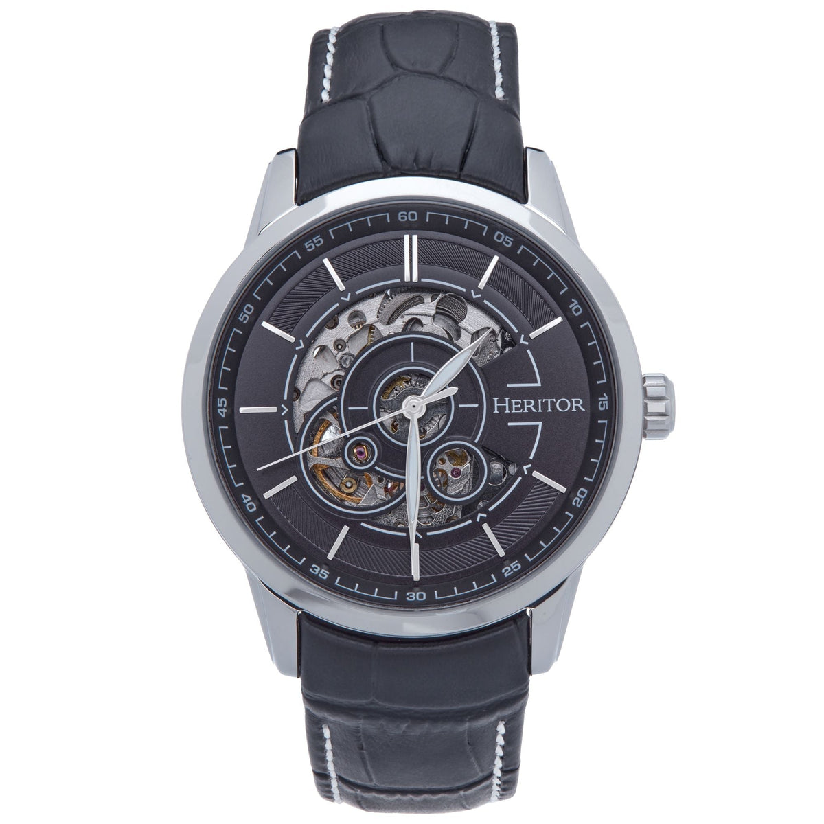 Heritor Automatic Davies Semi-Skeleton Leather-Band Watch