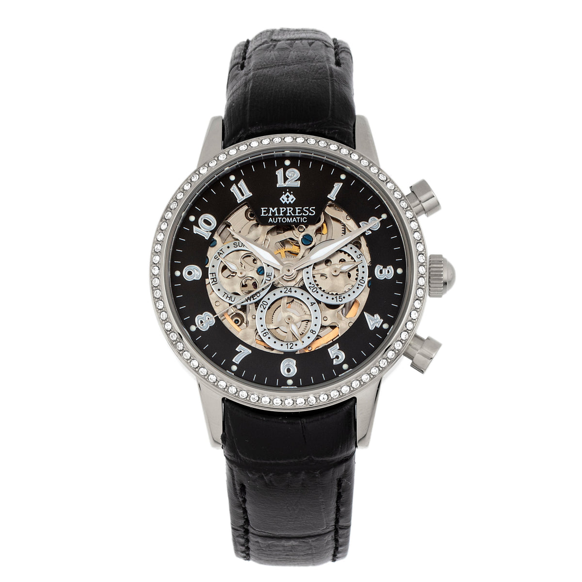 Empress Beatrice Automatic Skeleton Dial Leather-Band Watch w/Day/Date - Silver/Black