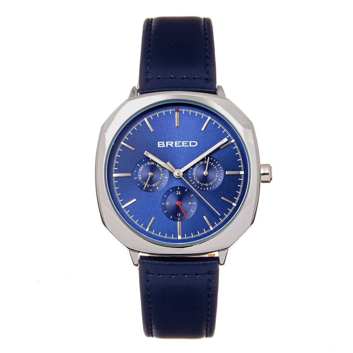 Breed Revolver Leather-Band Watch w/Day/Date - Navy