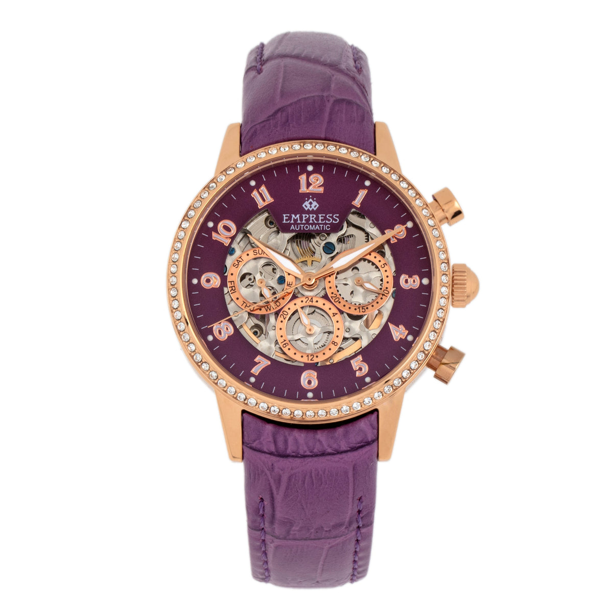 Empress Beatrice Automatic Skeleton Dial Leather-Band Watch w/Day/Date - Rose Gold/Purple
