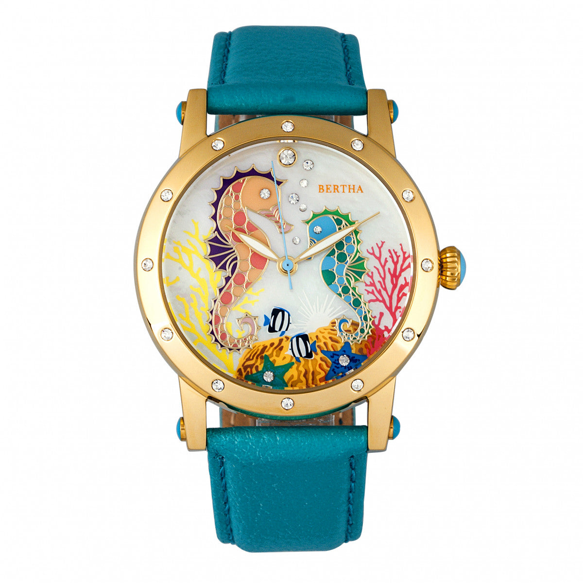 Bertha Morgan MOP Leather-Band Ladies Watch - Gold/Turquoise