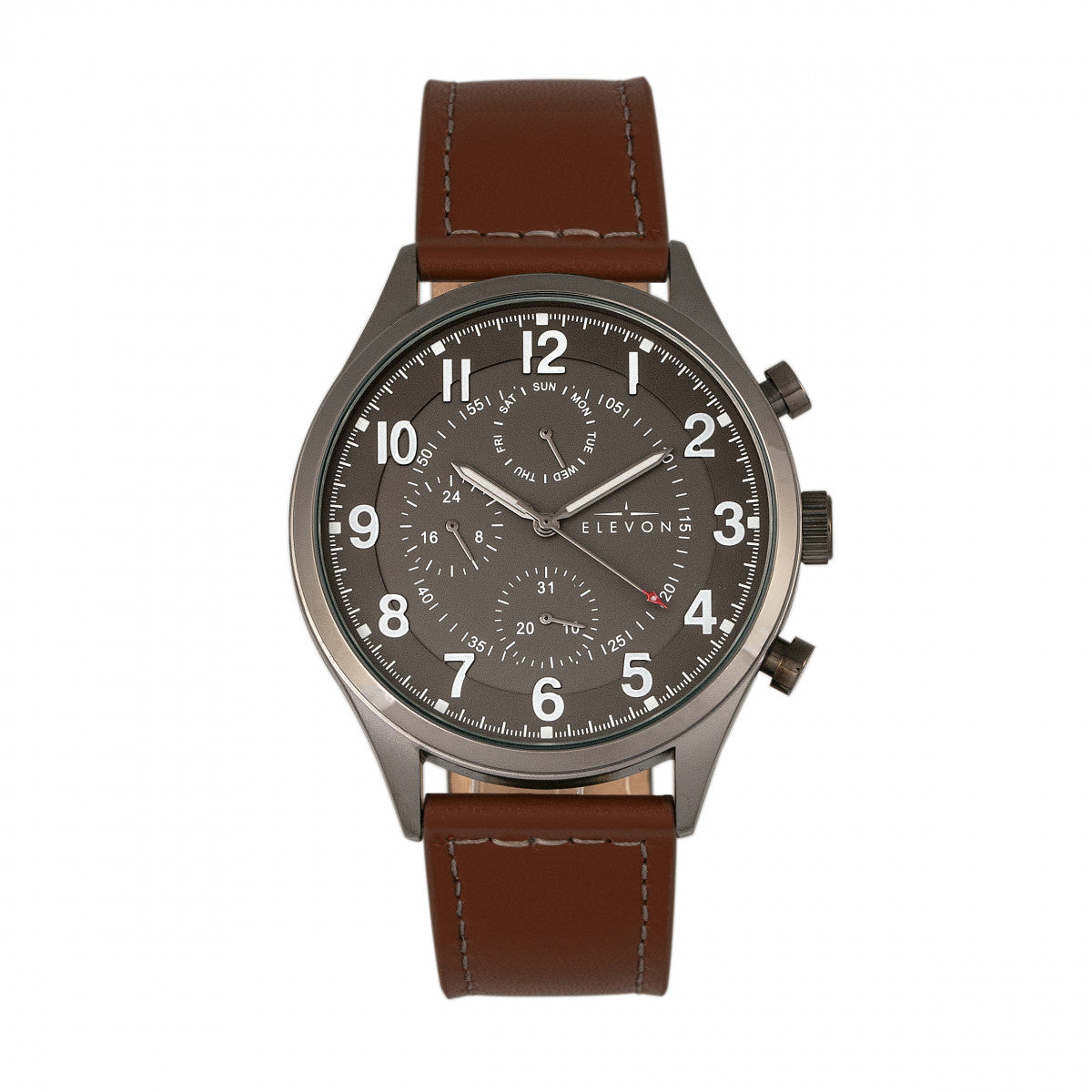 Elevon Lindbergh Leather-Band Watch w/Day/Date -  Brown/Gray