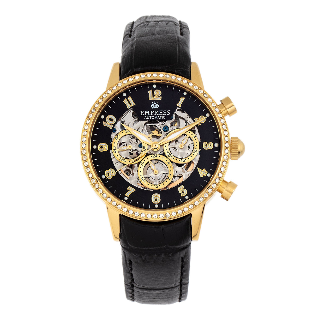 Empress Beatrice Automatic Skeleton Dial Leather-Band Watch w/Day/Date - Gold/Black
