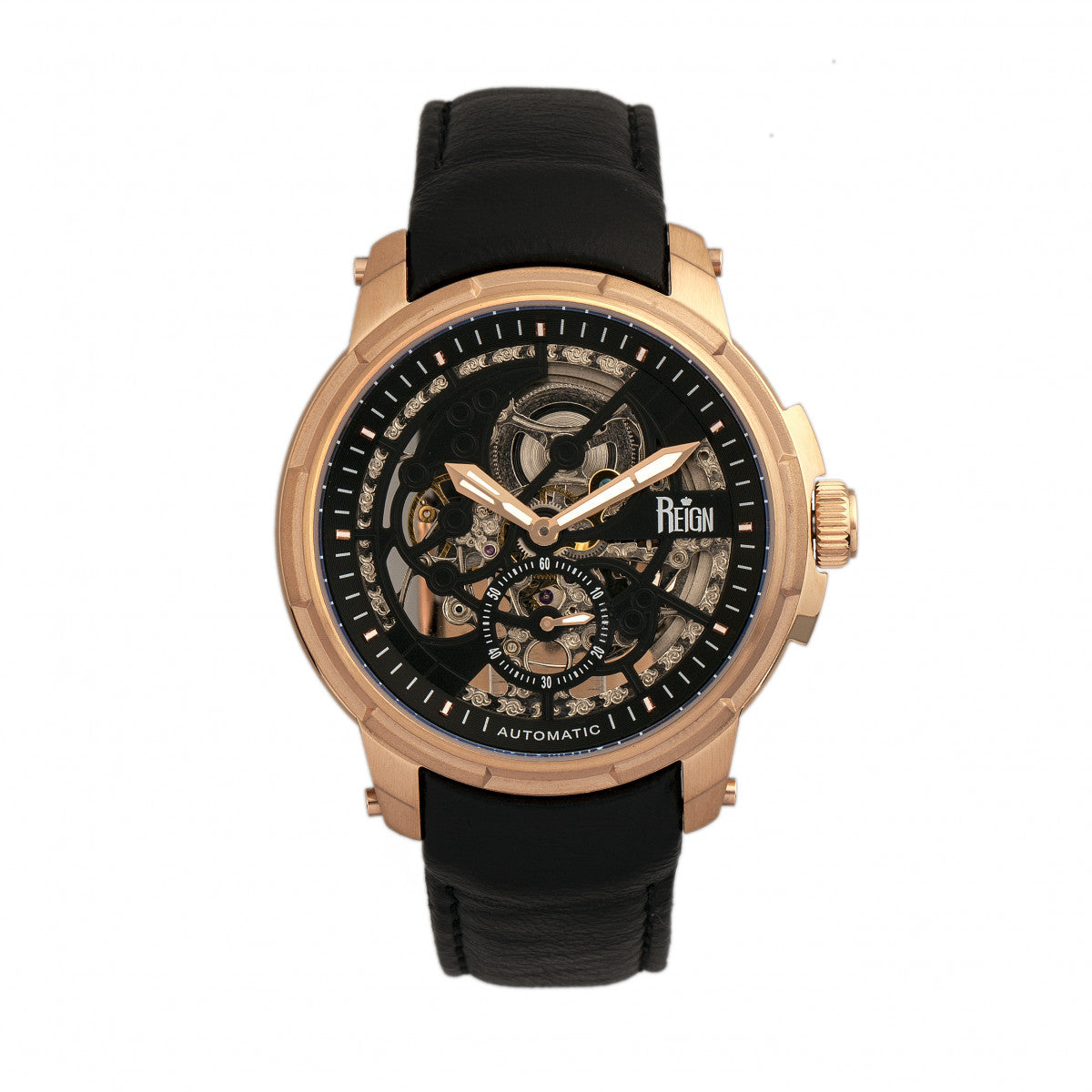Reign Matheson Automatic Skeleton Dial Leather-Band Watch - Black/Rose Gold