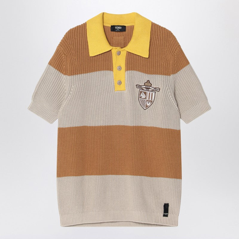 Fendi Knitted Cotton Polo Shirt With Sand And Beige Stripes Men