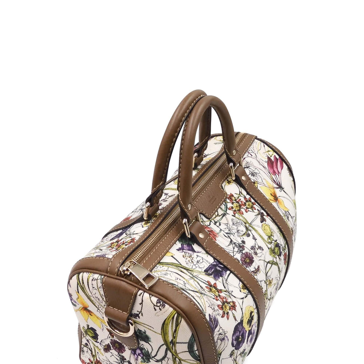 Floral Canvas Boston Bag White Brown