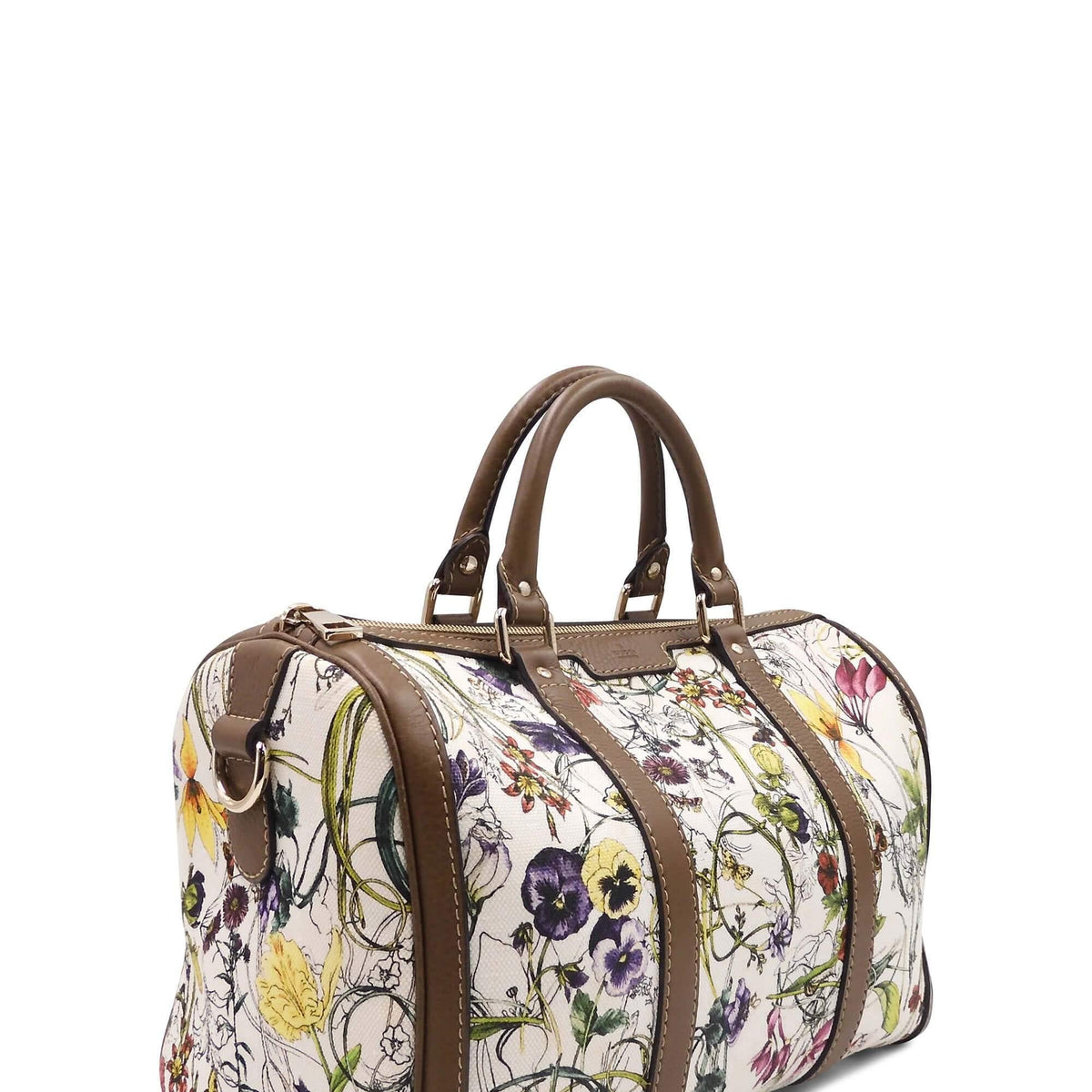 Floral Canvas Boston Bag White Brown