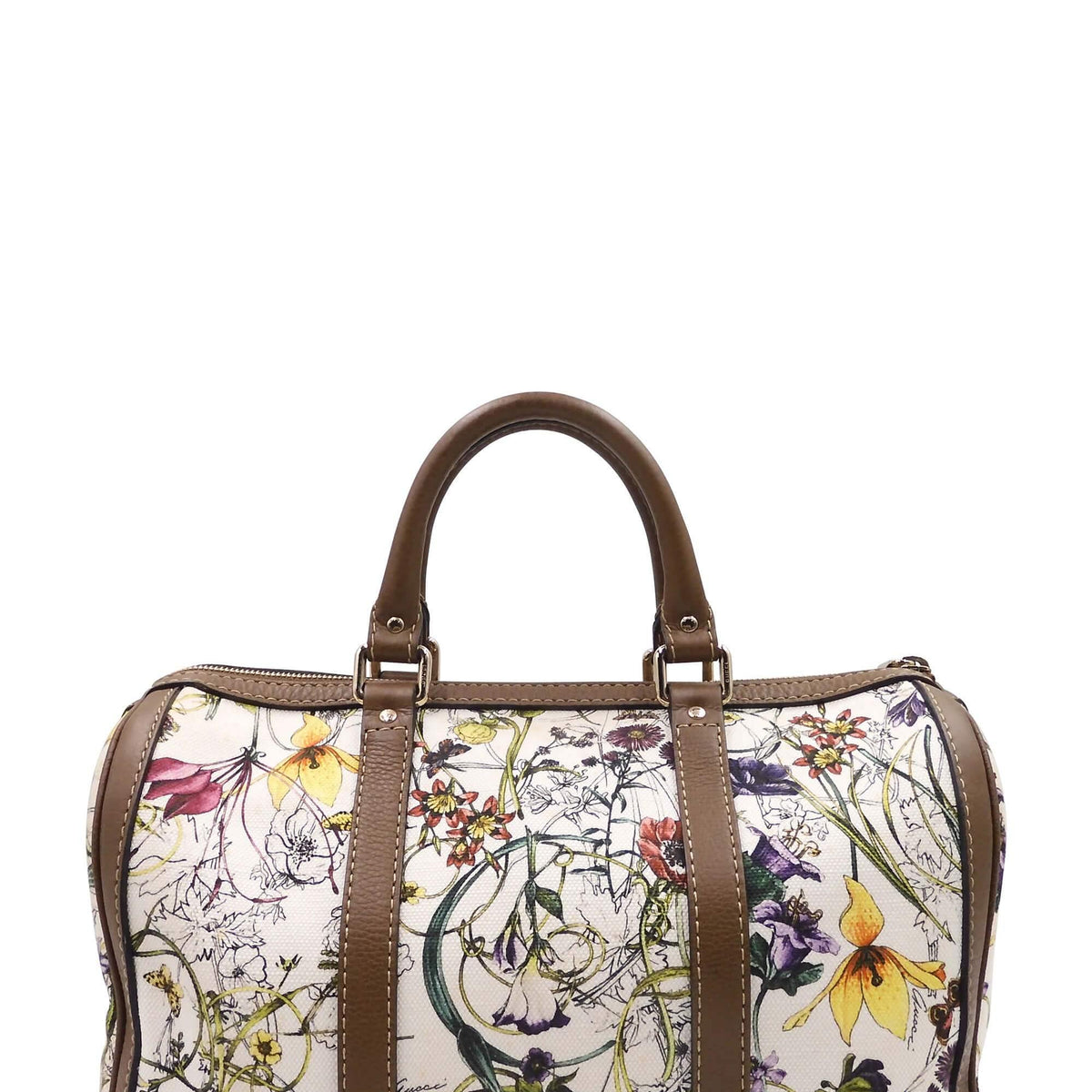 Floral Canvas Boston Bag White Brown