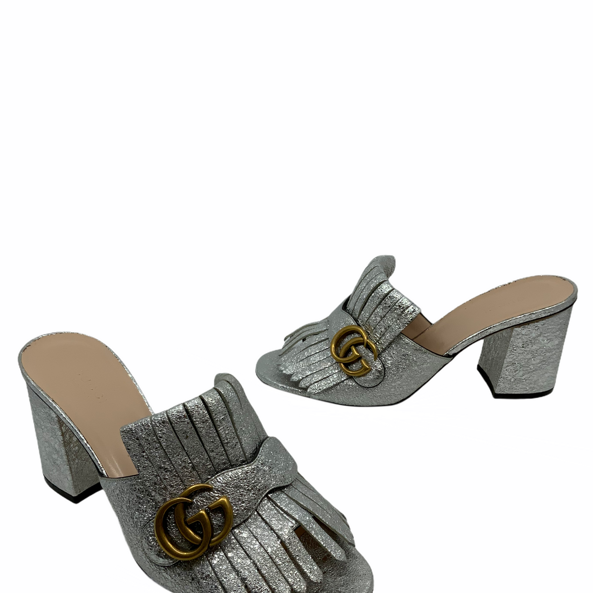 Gucci Marmont GG Metallic Foil Leather Fringe Mules Size 9.5