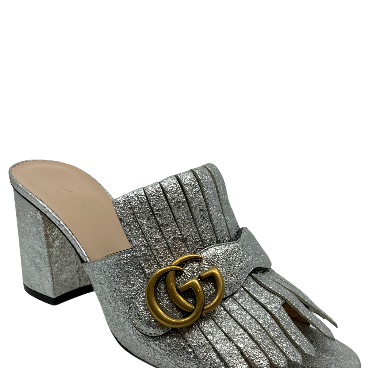 Gucci Marmont GG Metallic Foil Leather Fringe Mules Size 9.5