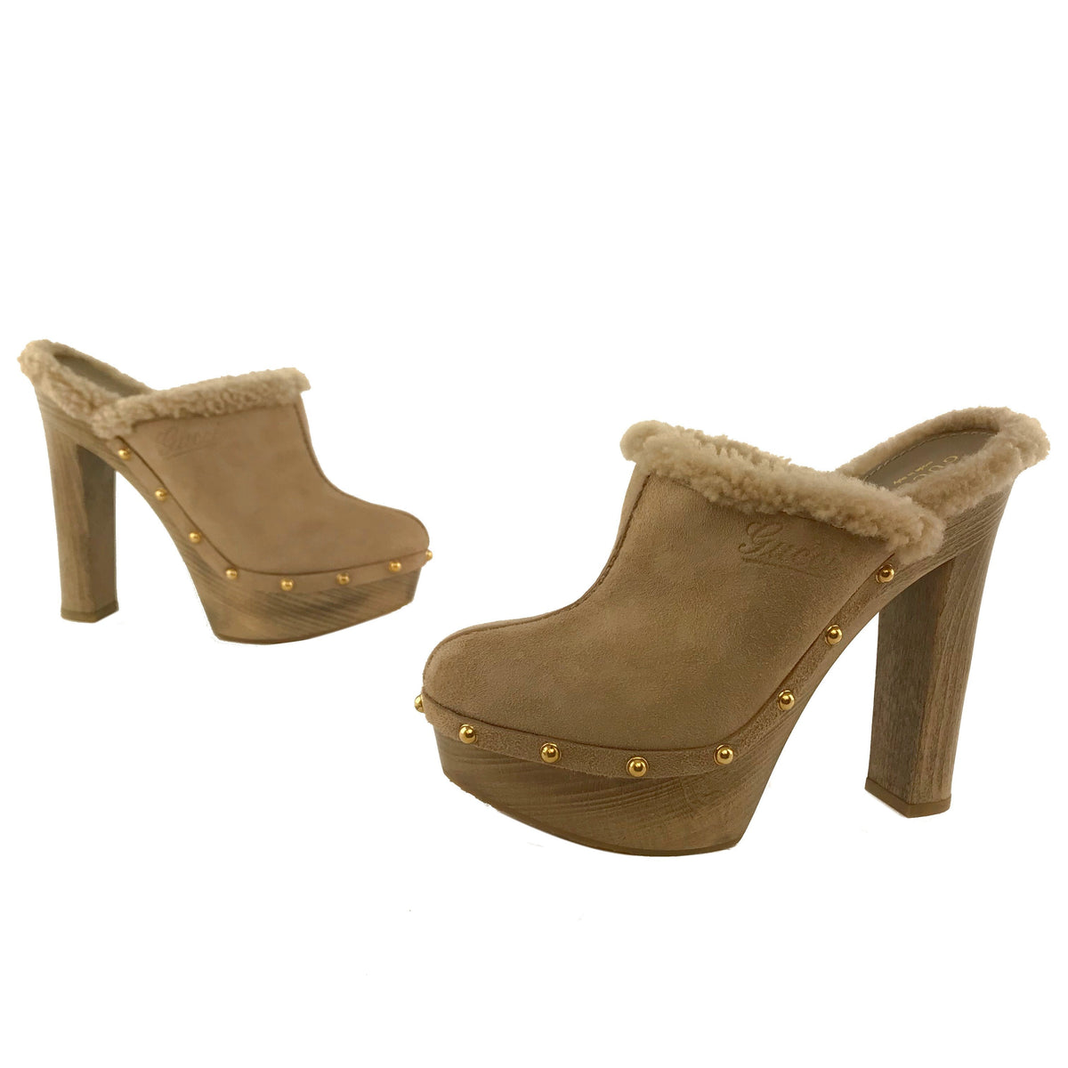 Gucci Suede Shearling Montana Platform Clogs Size 8.5