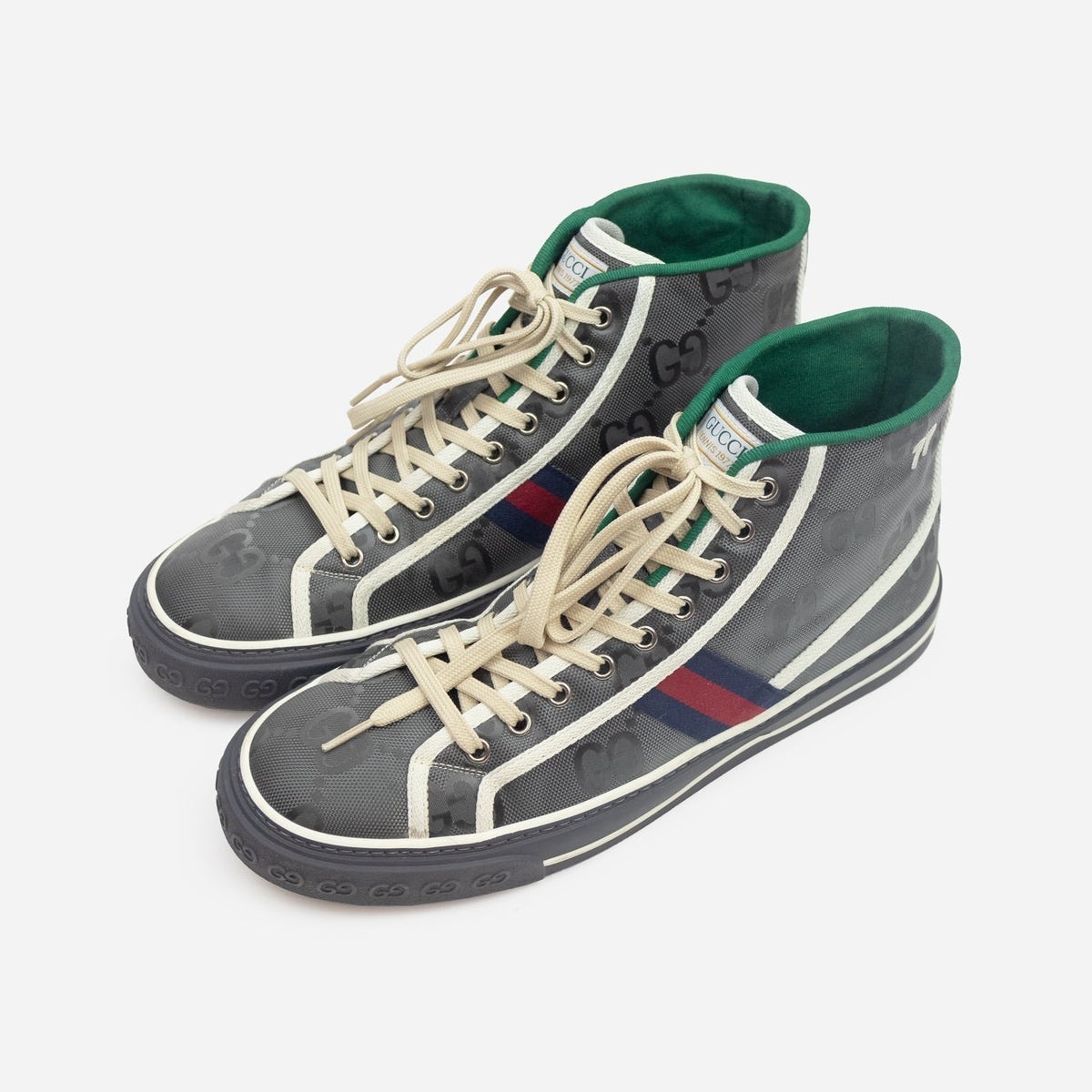 Dark Grey Monogram HighTop Sneakers Blue/Red Gucci Stripe