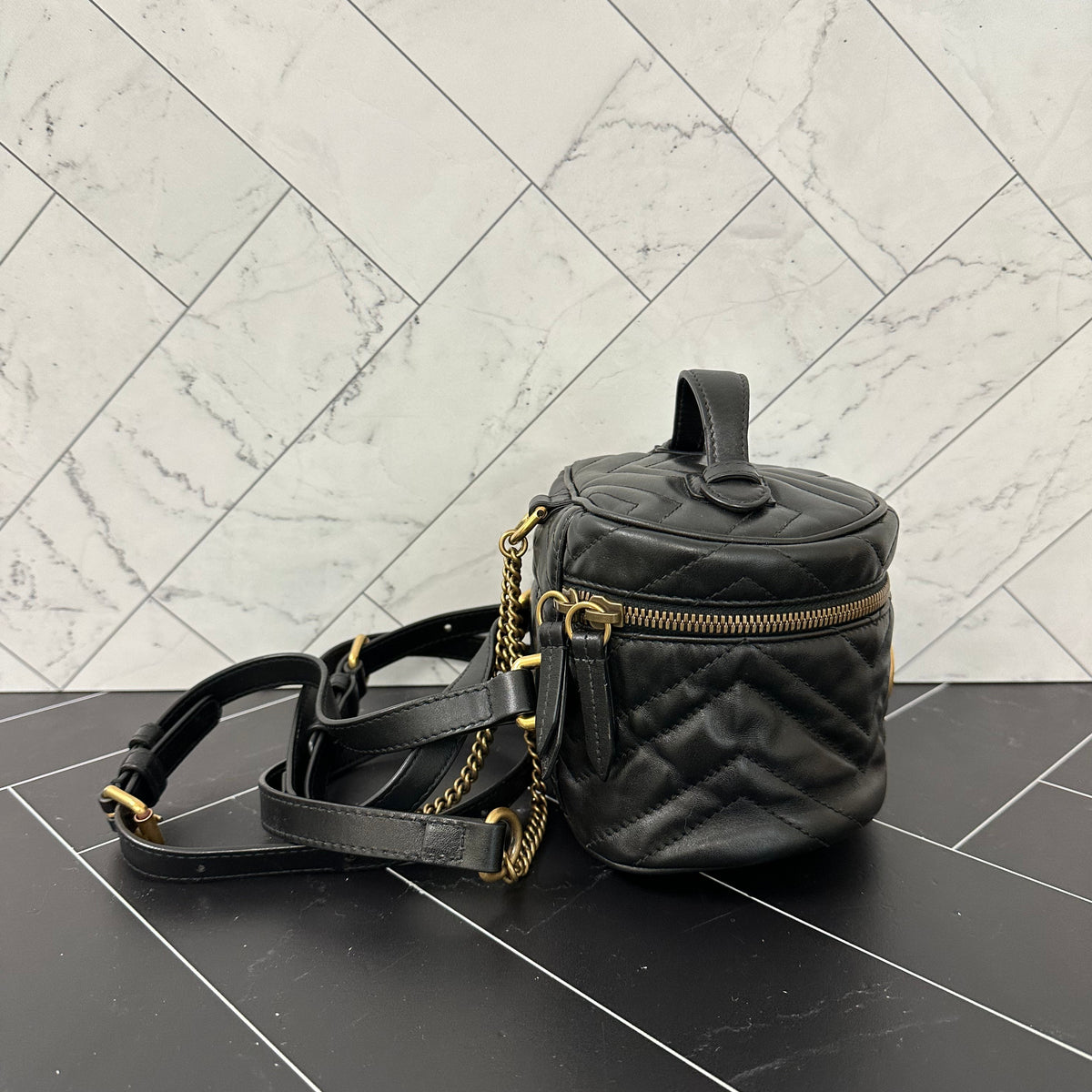 Gucci GG Marmont Black Leather Chevron Mini Backpack