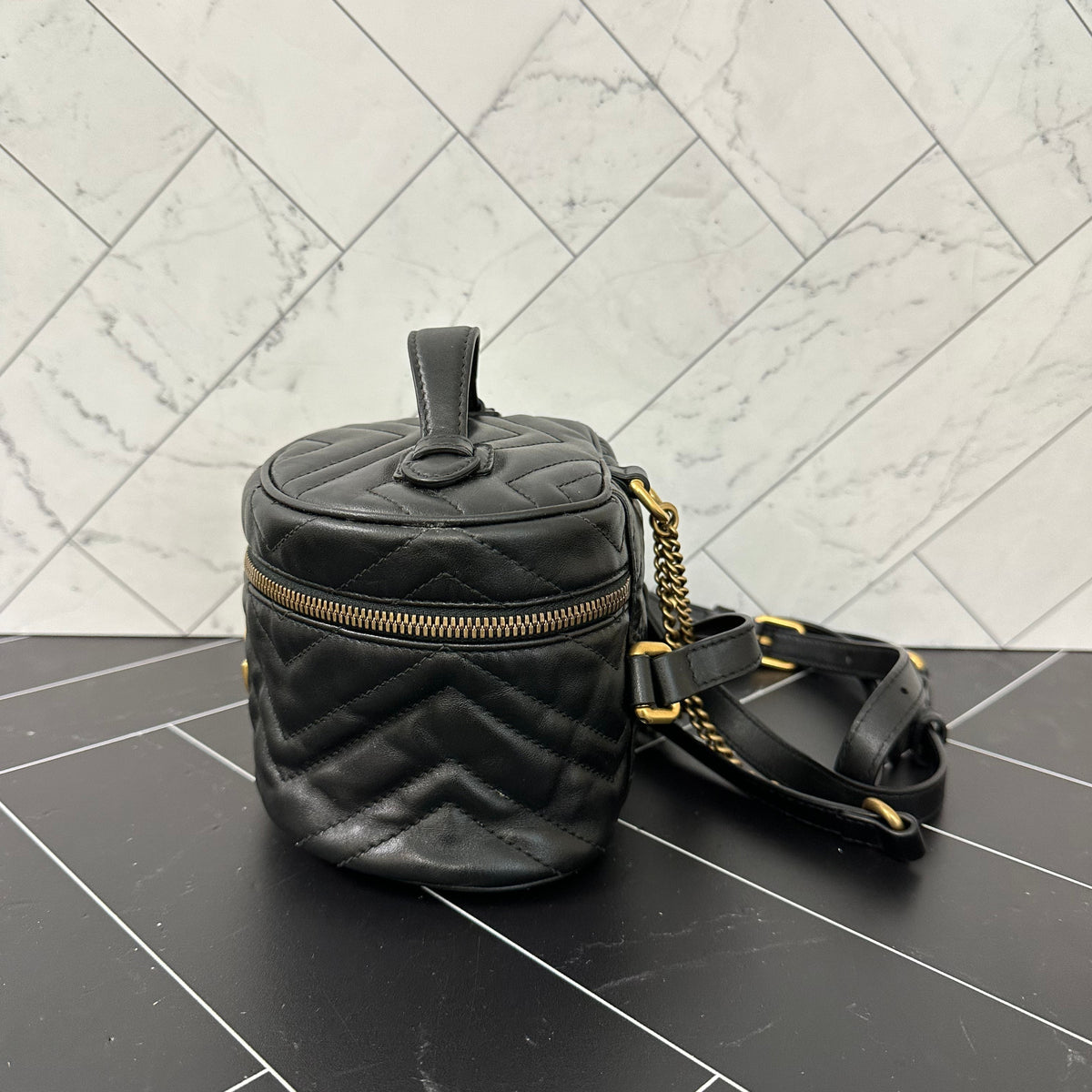 Gucci GG Marmont Black Leather Chevron Mini Backpack