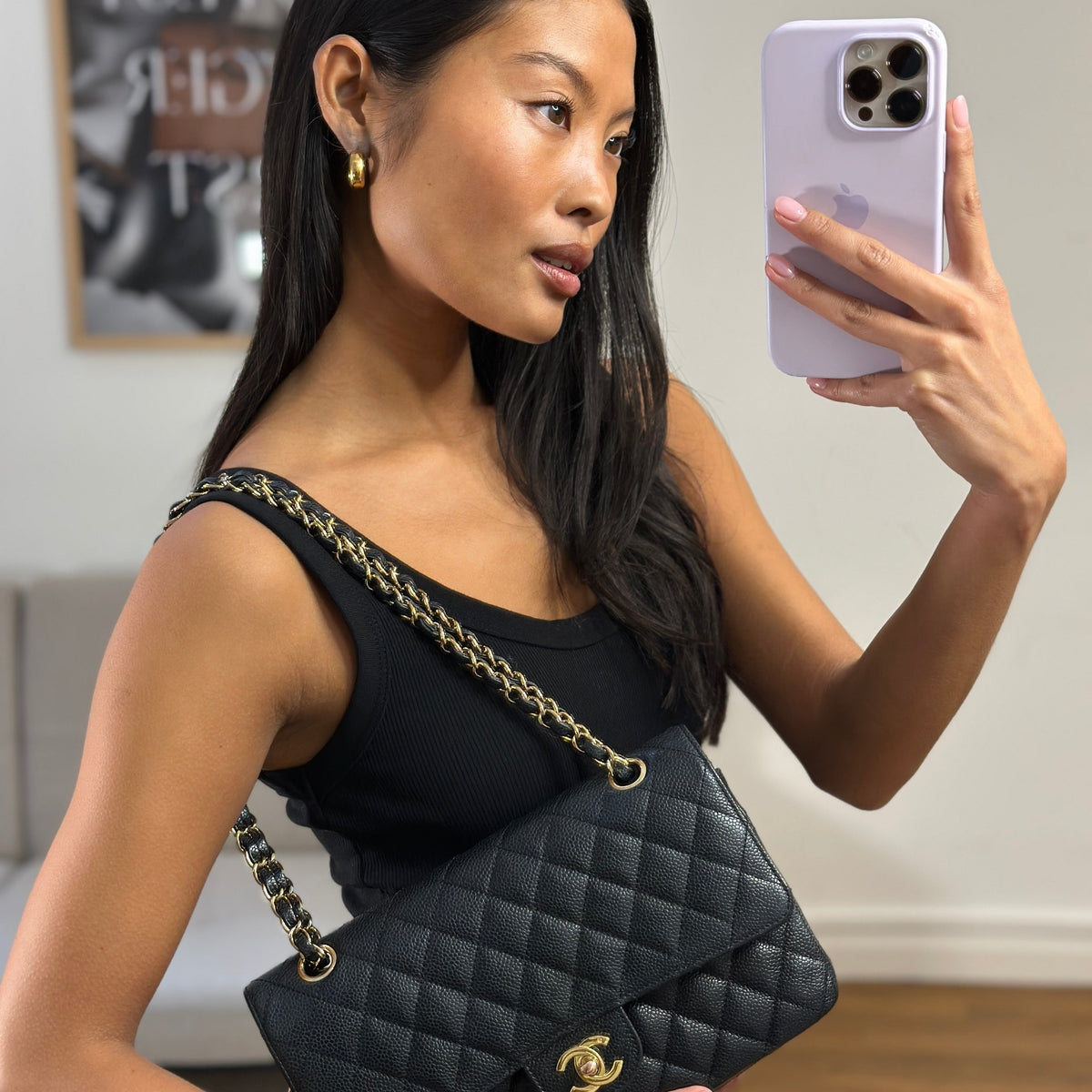 Chanel Black Vintage Medium Classic Double Flap Bag in Caviar Leather with 24K Gold Hardware