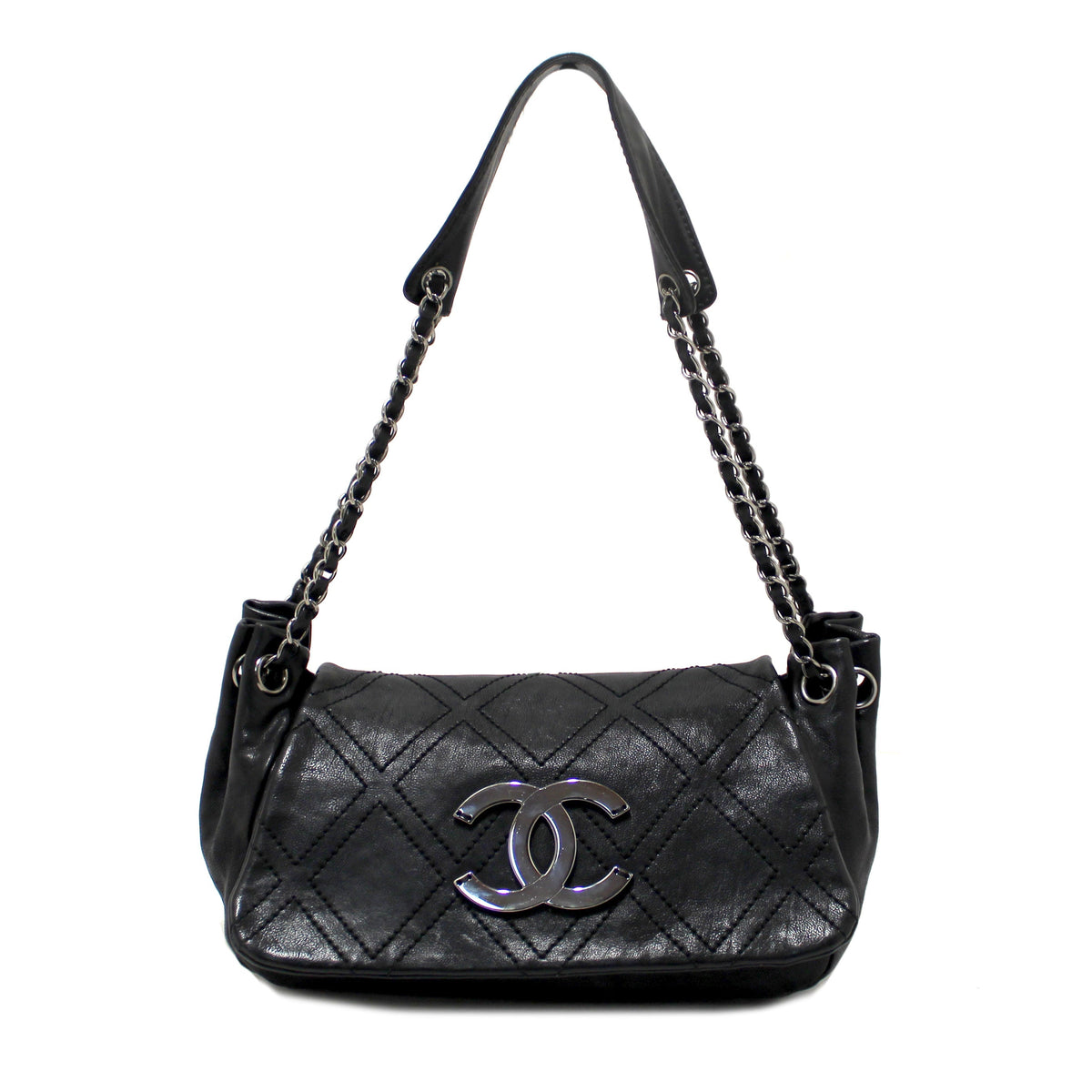 Chanel Black Diamond Stitch Accordion Flap Shoulder Bag