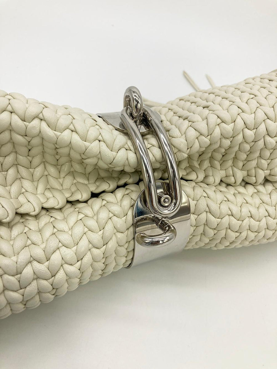 balenciaga White Leather Tresse Fringe Clutch