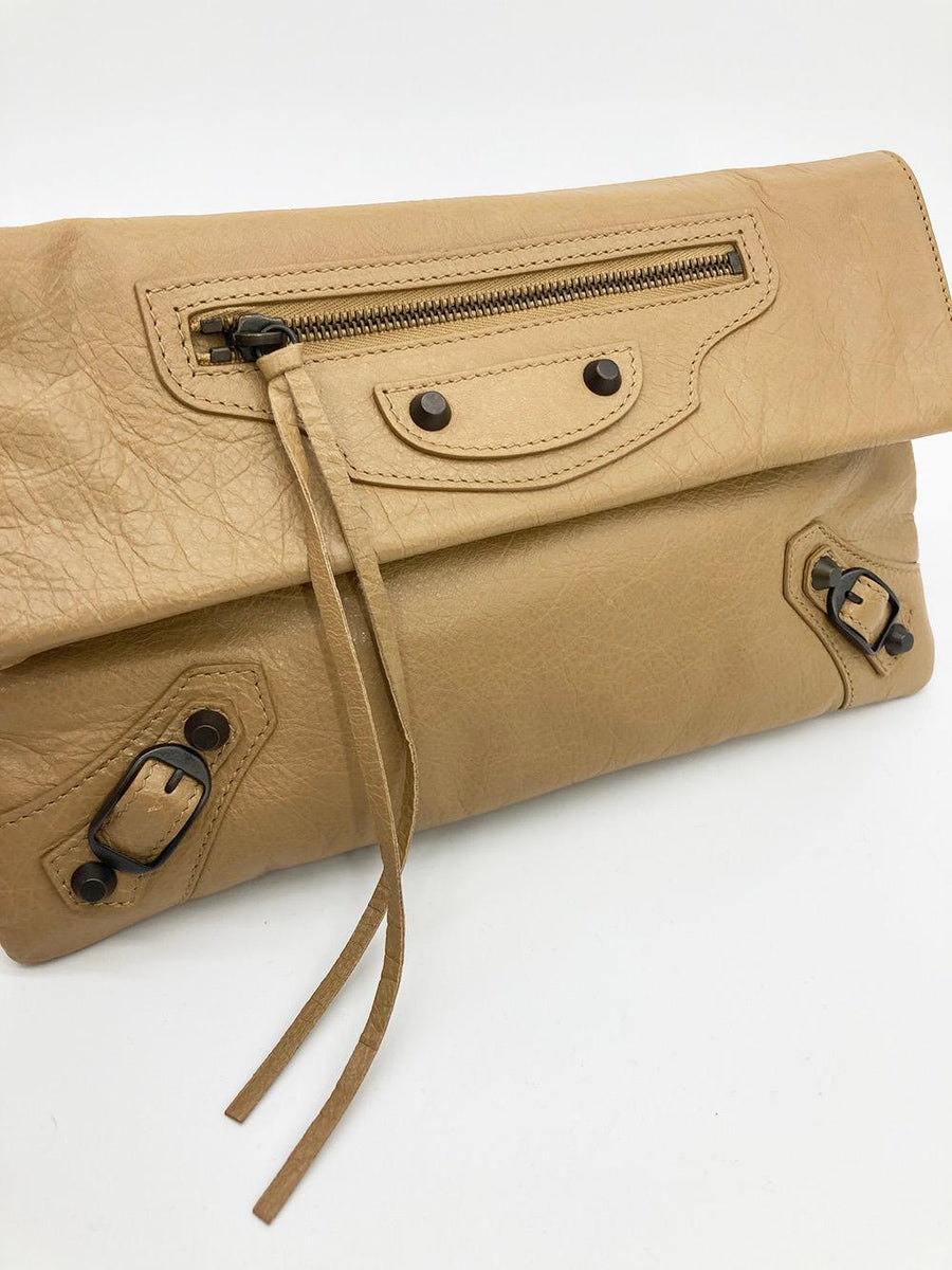 balenciaga Tan Leather City Envelope Clutch with Mirror