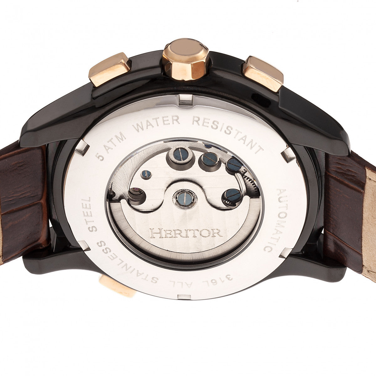 Heritor Automatic Hudson Semi-Skeleton Leather-Band Watch w/Day/Date - Brown/Black