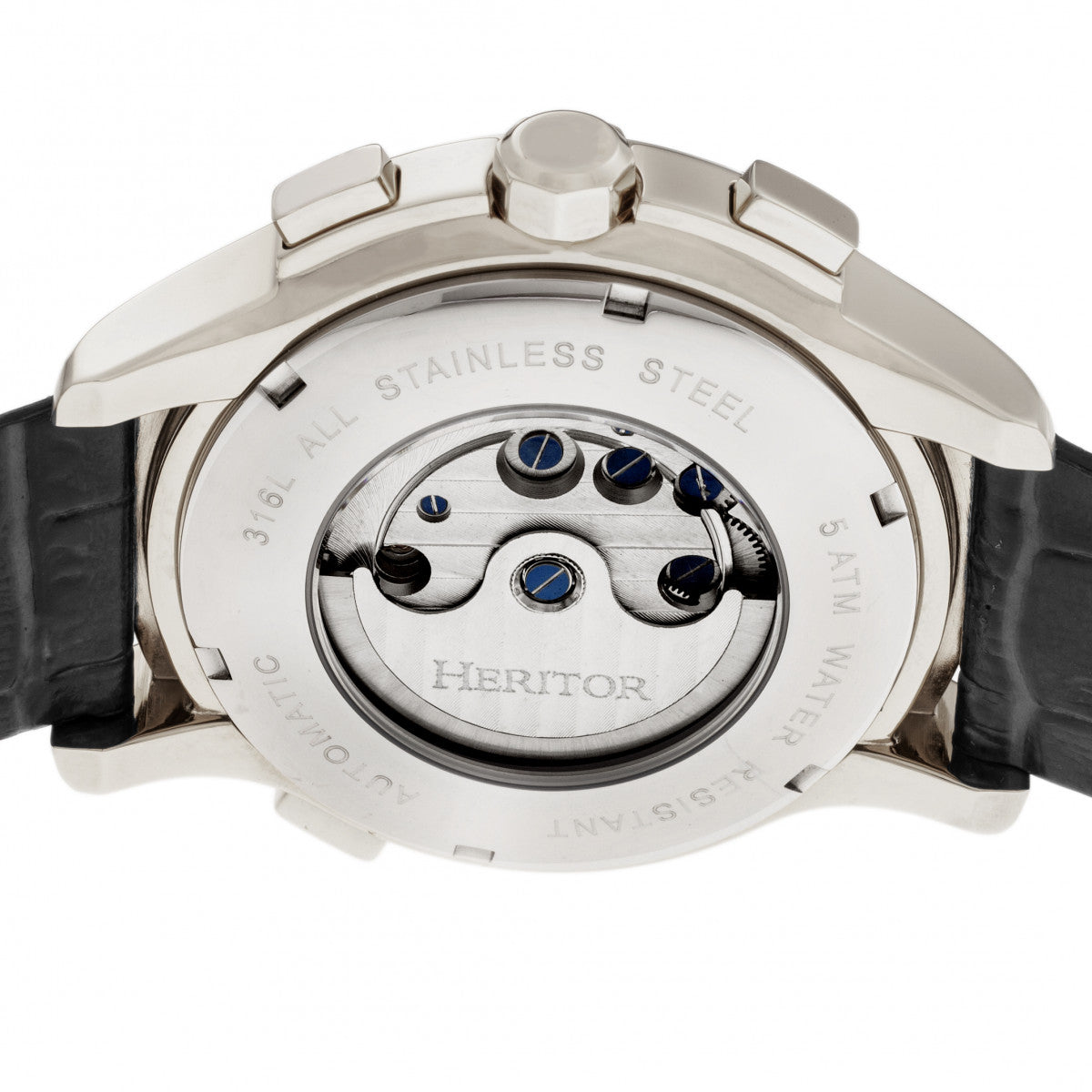 Heritor Automatic Hudson Semi-Skeleton Leather-Band Watch w/Day/Date - Black/Silver