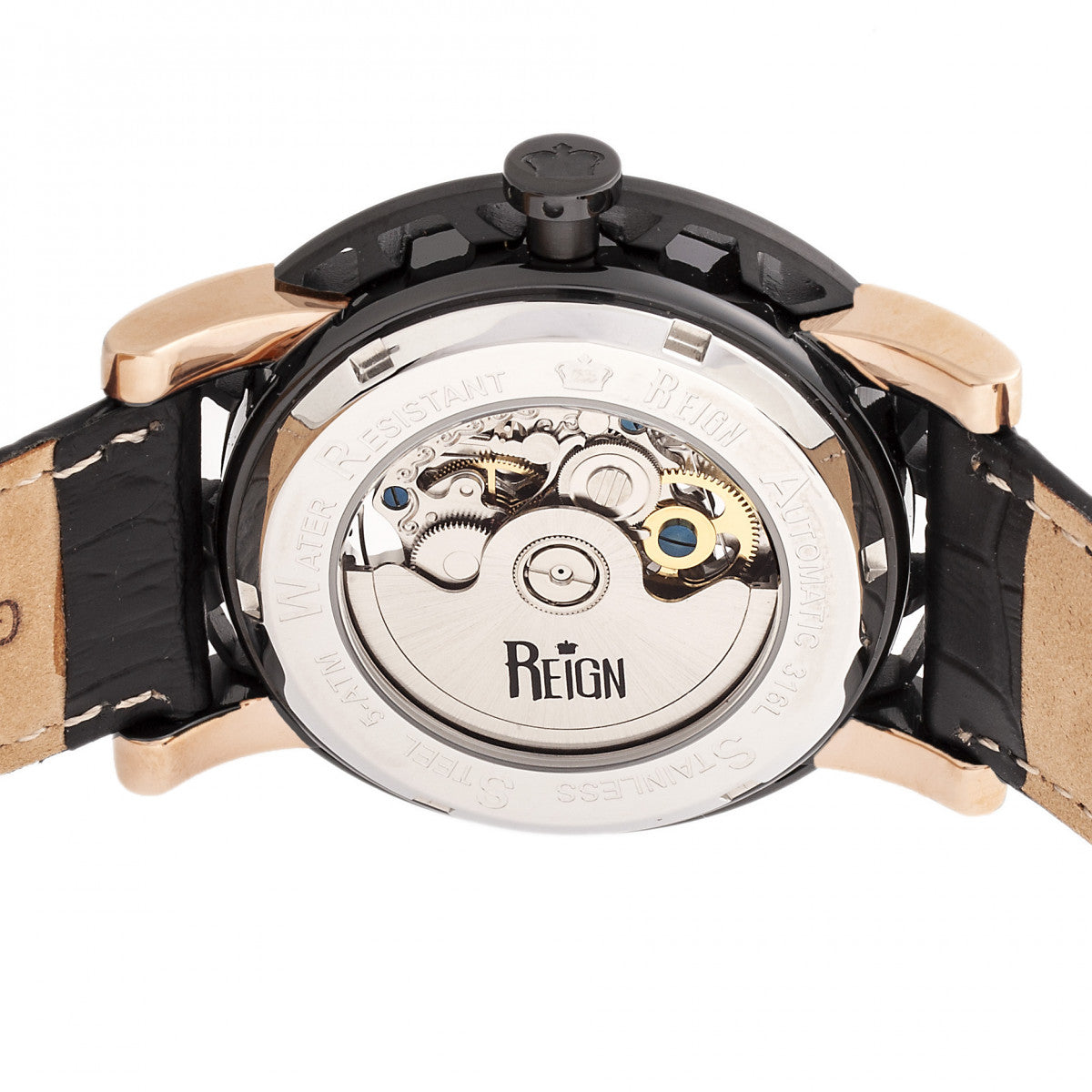 Reign Stavros Automatic Skeleton Leather-Band Watch - Rose Gold/Black