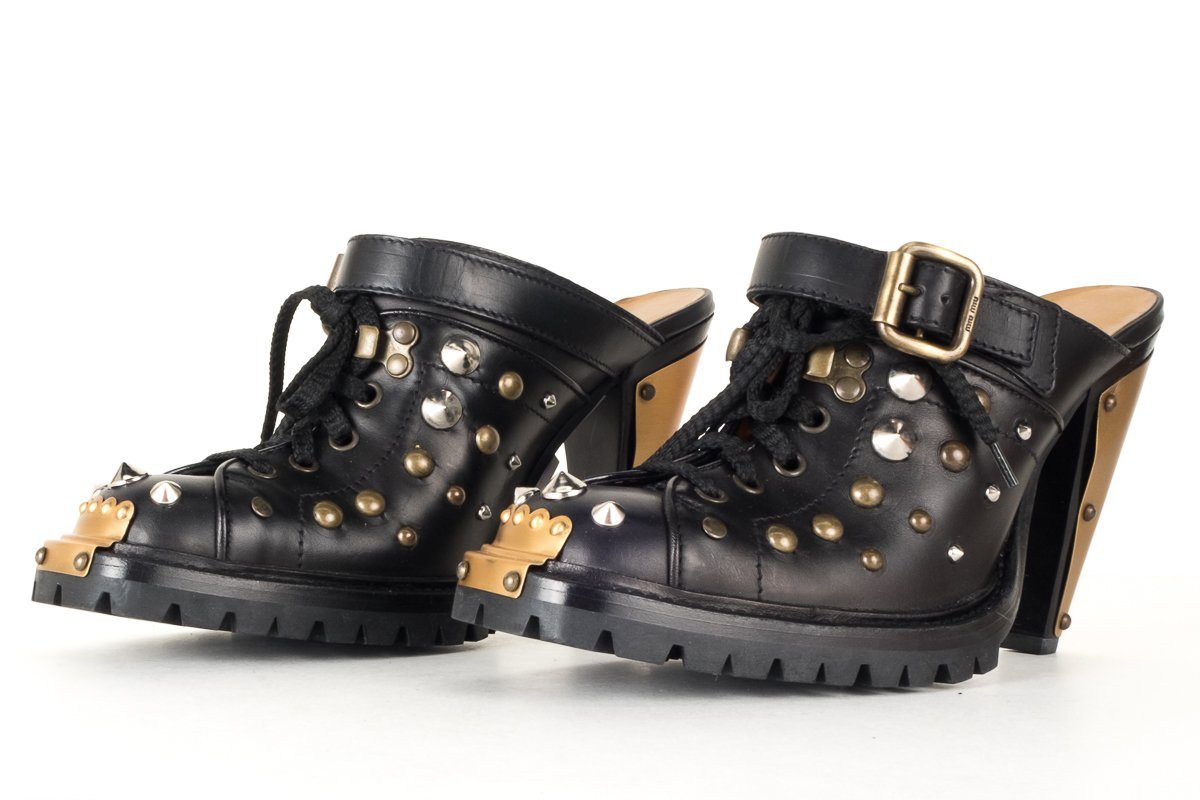 Miu Miu  Black Leather Studded Heeled Mules 37.5