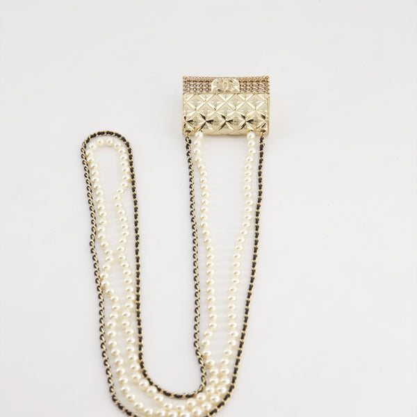*RARE* Top Quality Chanel 21S Champagne Gold Bag Charm Necklace with White Pearls & Black Leather Chain Detail