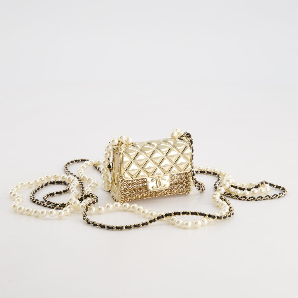 *RARE* Top Quality Chanel 21S Champagne Gold Bag Charm Necklace with White Pearls & Black Leather Chain Detail