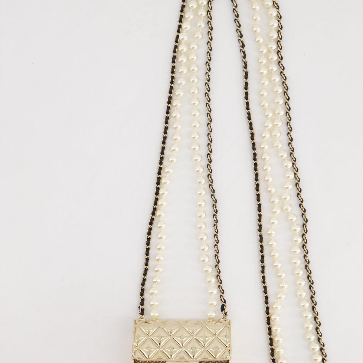 *RARE* Top Quality Chanel 21S Champagne Gold Bag Charm Necklace with White Pearls & Black Leather Chain Detail