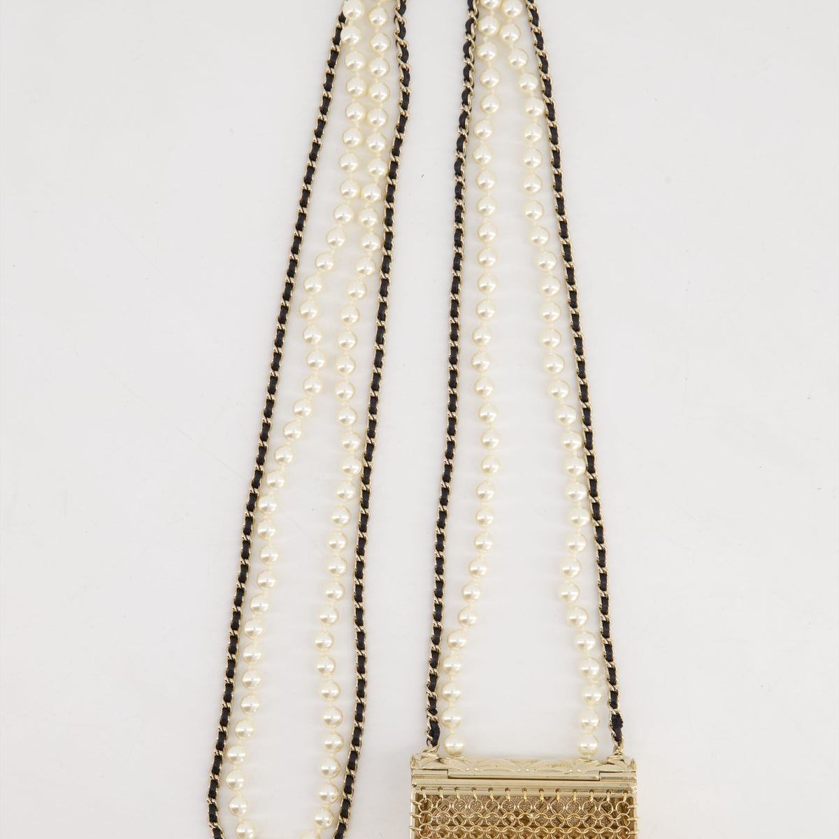 *RARE* Top Quality Chanel 21S Champagne Gold Bag Charm Necklace with White Pearls & Black Leather Chain Detail