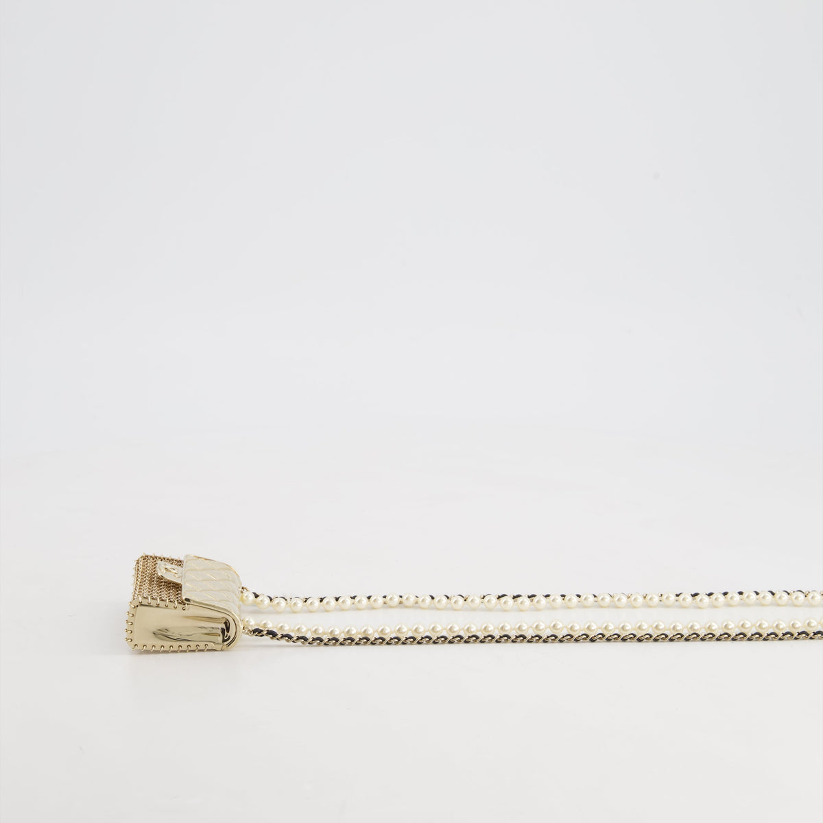*RARE* Top Quality Chanel 21S Champagne Gold Bag Charm Necklace with White Pearls & Black Leather Chain Detail