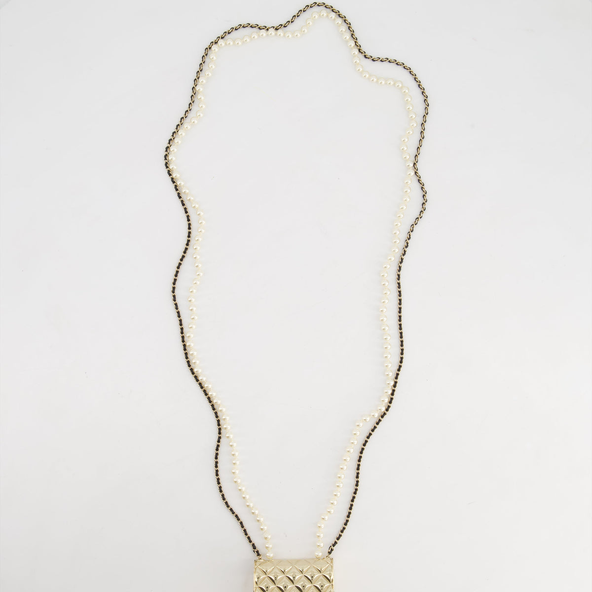 *RARE* Top Quality Chanel 21S Champagne Gold Bag Charm Necklace with White Pearls & Black Leather Chain Detail