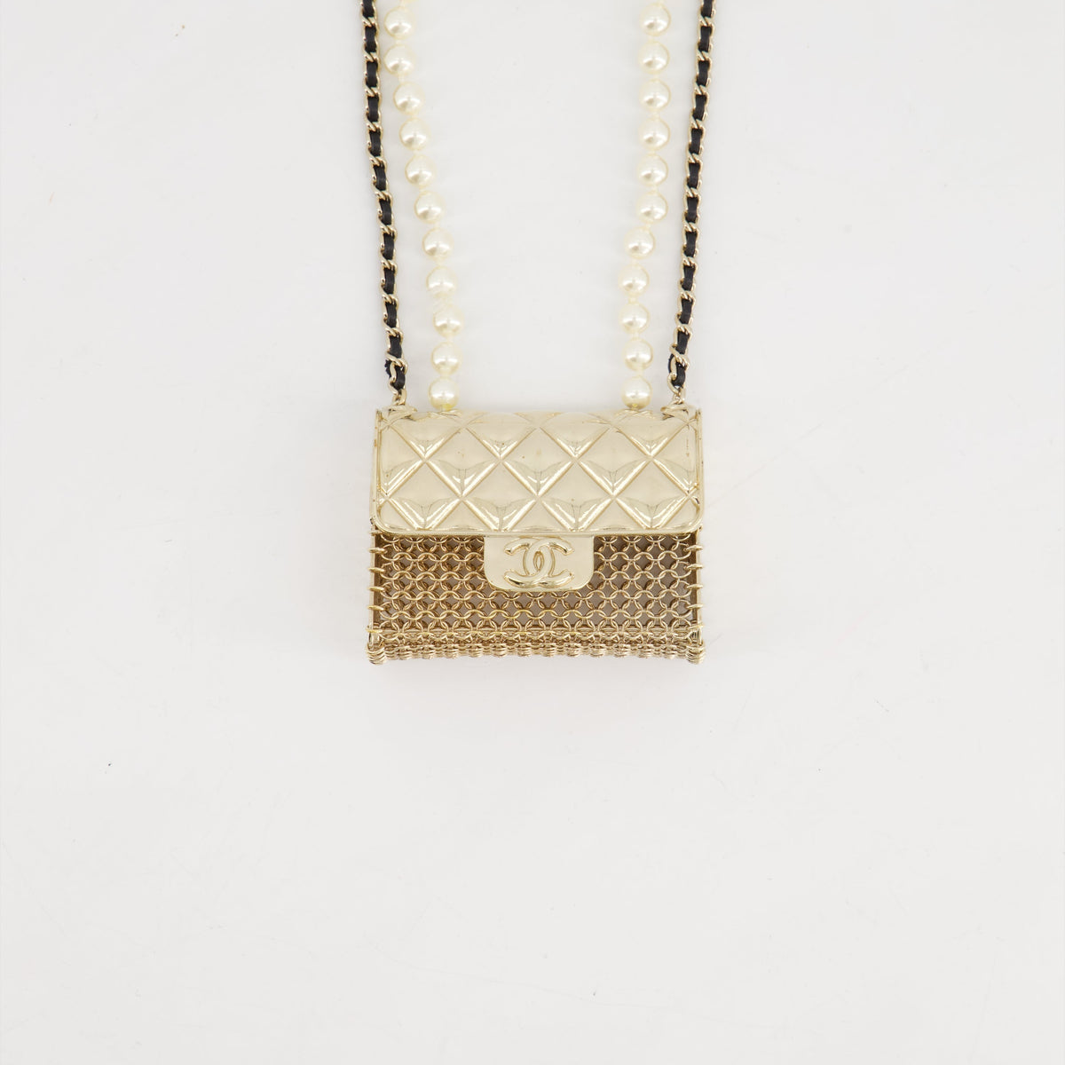 *RARE* Top Quality Chanel 21S Champagne Gold Bag Charm Necklace with White Pearls & Black Leather Chain Detail