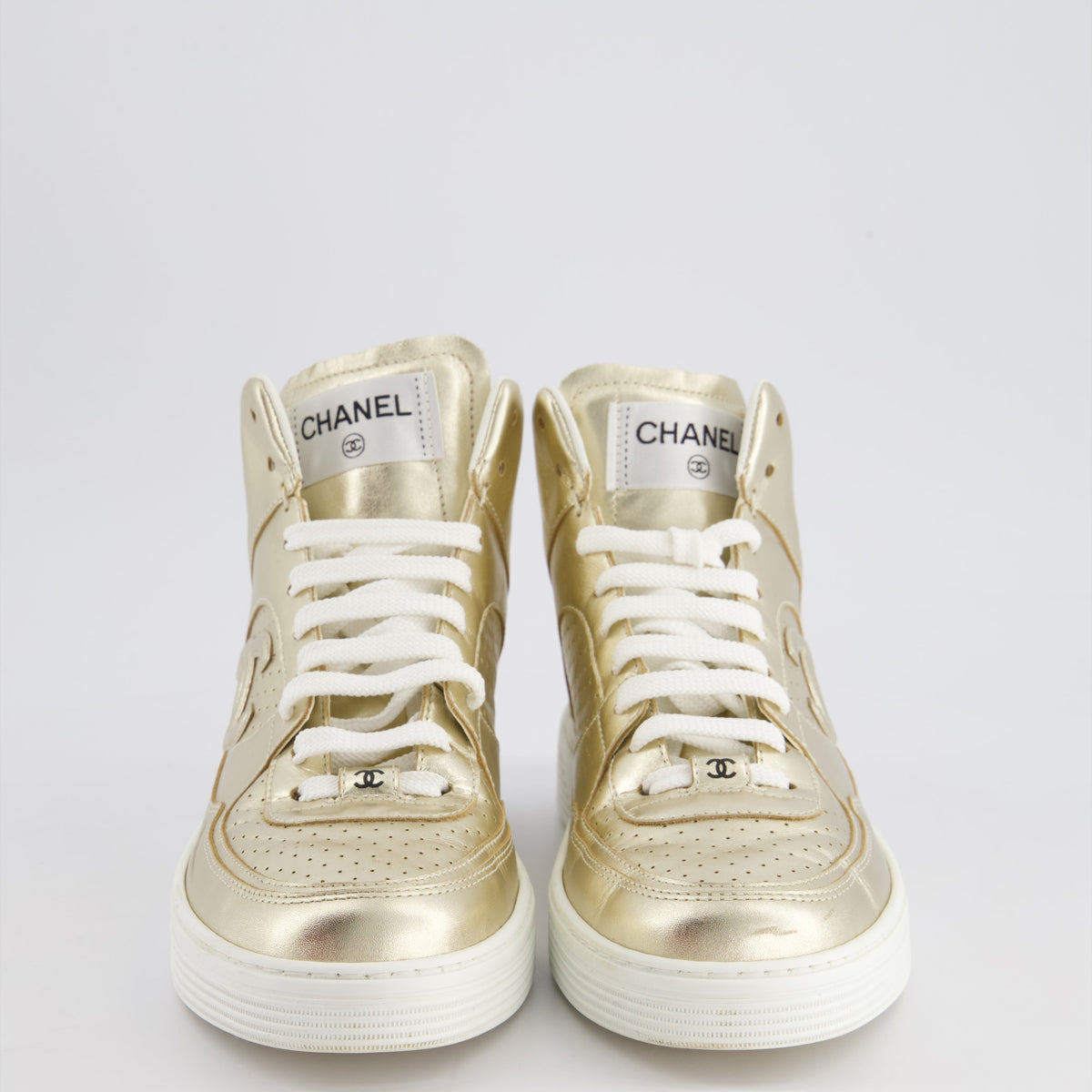 Chanel 24C Metallic Gold High Sneakers in Calfskin Leather with Logo Detail Size EU 39