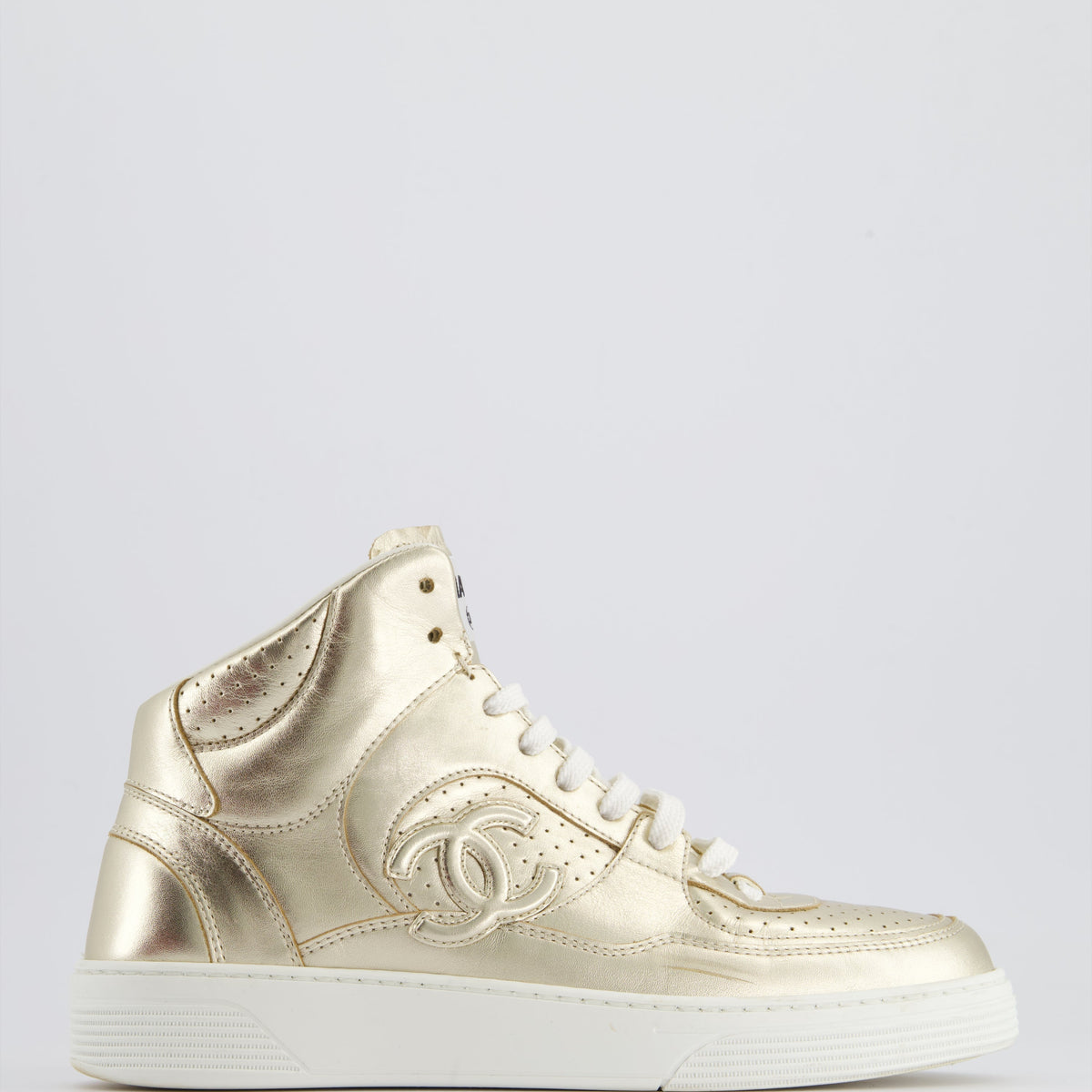 Chanel 24C Metallic Gold High Sneakers in Calfskin Leather with Logo Detail Size EU 39