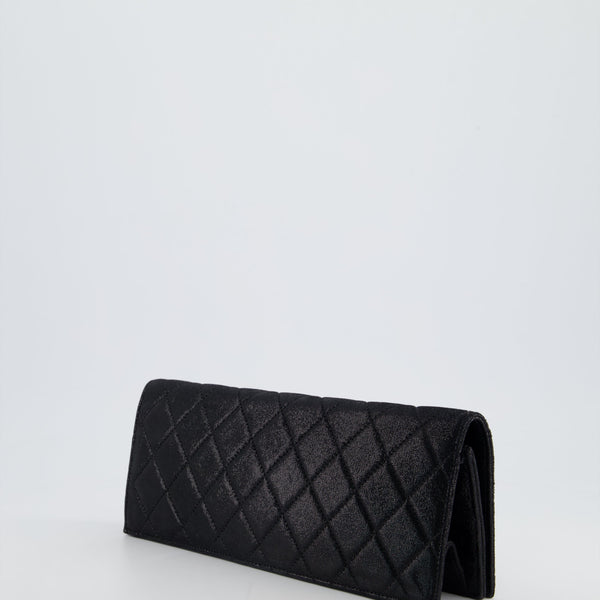 *HOT* Chanel Black Shiny Quilted Long Clutch in Coated Calfskin with Silver Hardware and Crystal CC Detail