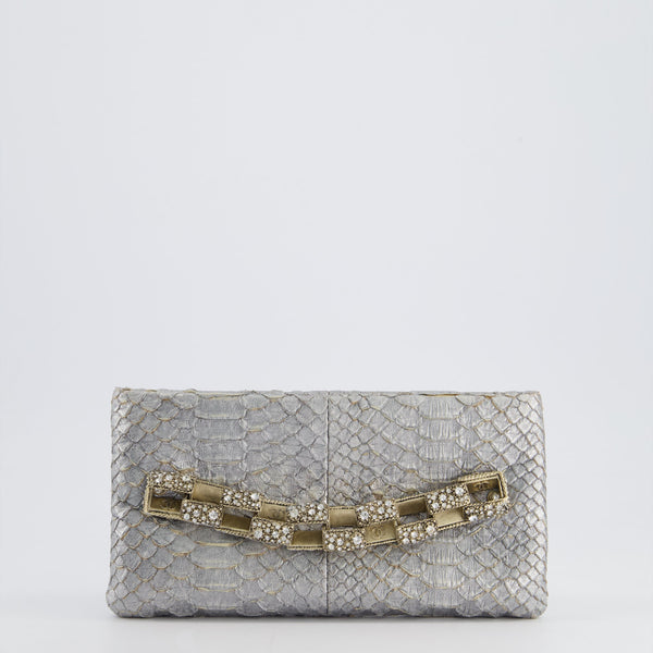 *RARE* Chanel Metallic Silver Paris Bombay Clutch in Python Leather and Antique Gold Hardware with Embellished Crystals