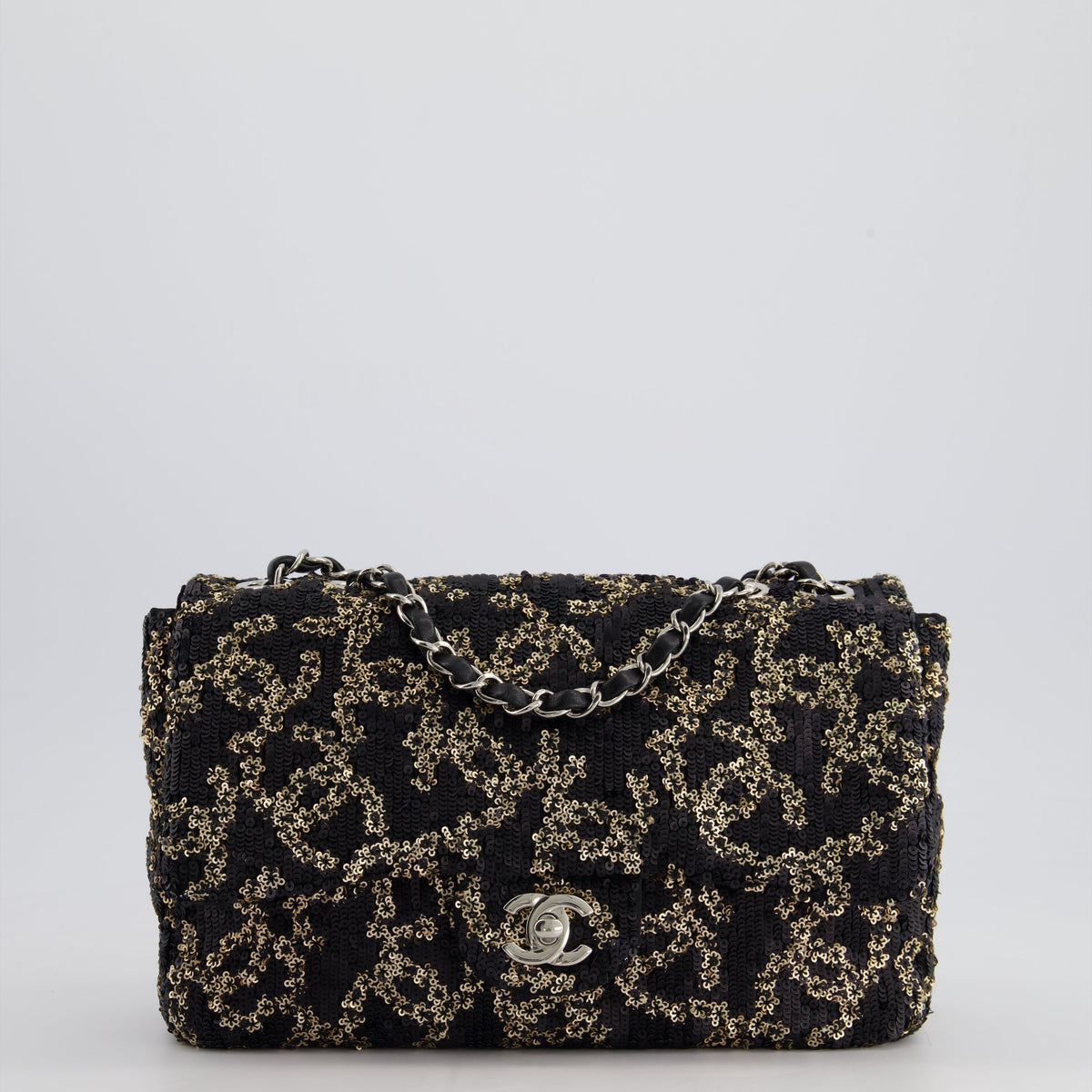 Chanel Black, Gold Sequin CC Logo Medium Flap Bag with Silver Hardware