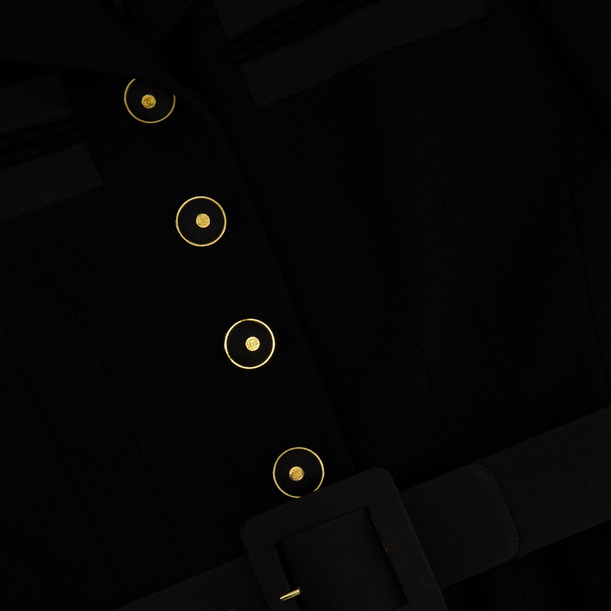 Chanel Black Wool Blazer Jacket and Pleated Mini Skirt Set With Belt and CC Logo Detail Buttons Size FR 38 (UK 10)