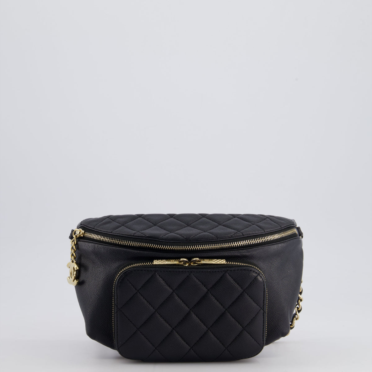 Chanel Black Quilted Business Affinity Bum Bag in Caviar Leather with Champagne Gold Hardware and Logo Zip