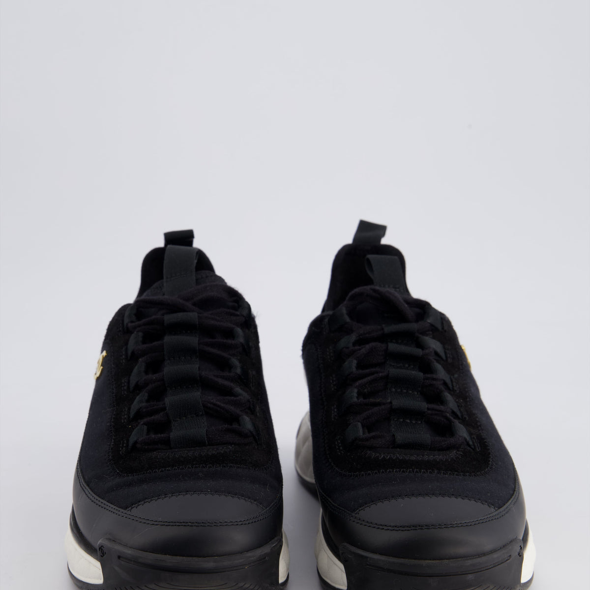 Chanel Black Fabric and Leather Trainers with White Soles and Gold CC Logo Size EU 38.5