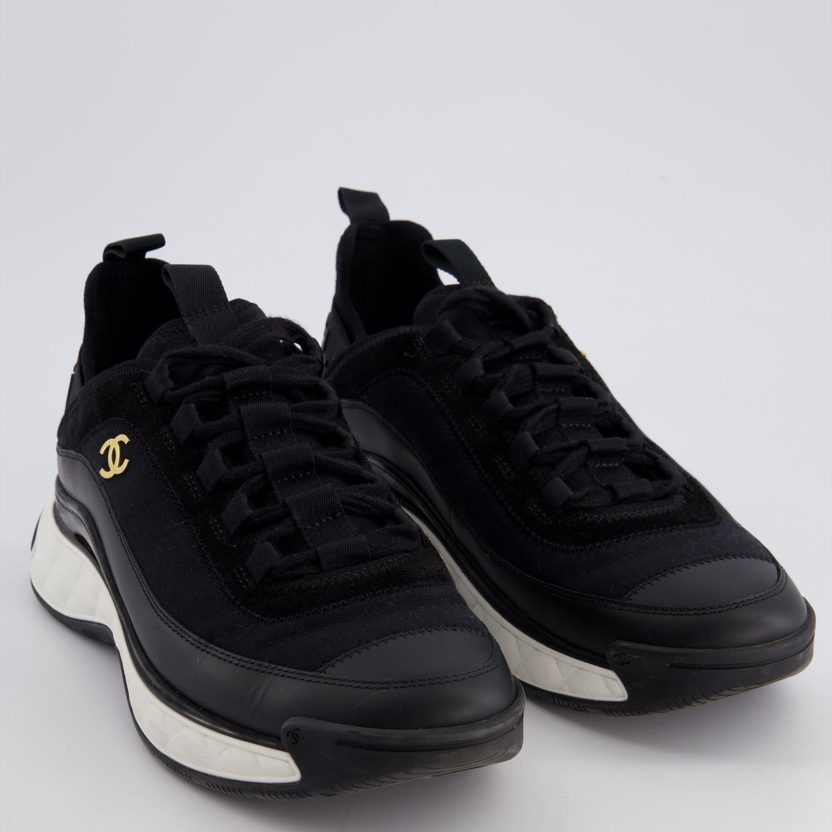 Chanel Black Fabric and Leather Trainers with White Soles and Gold CC Logo Size EU 38.5
