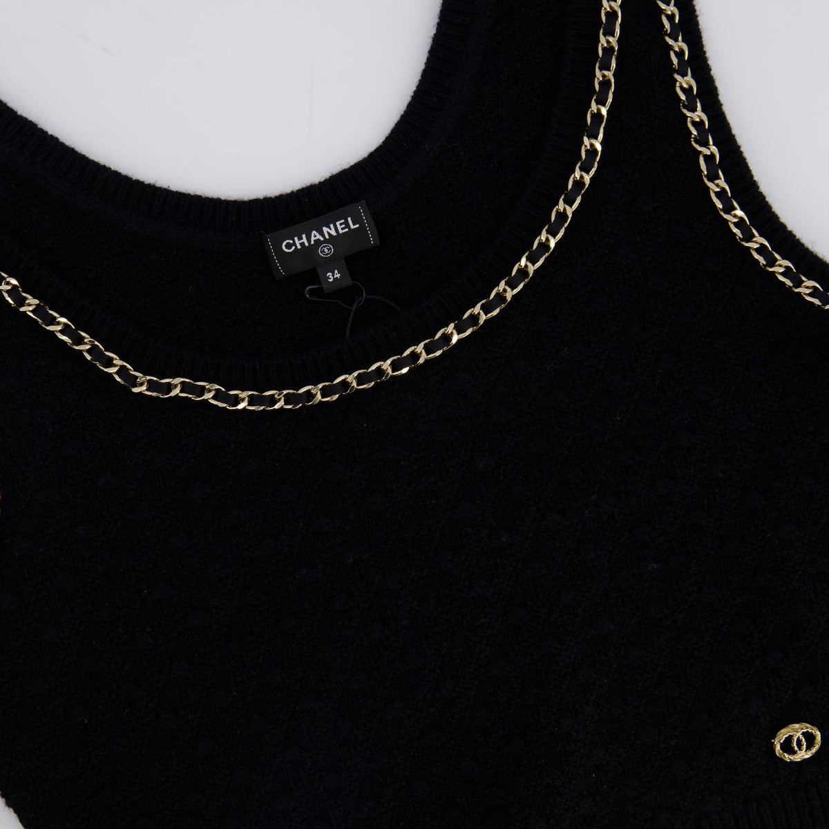 Chanel 23B Black Cashmere Knit Tank Top with Gold Chain and Logo Detail Size FR 34 (UK 6) RRP ¬£2150